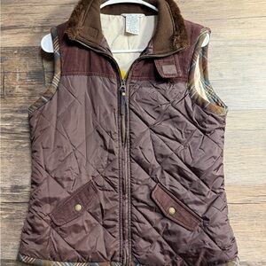 CAbi Chocolate Brown Quilted Vest with Plaid Trim Sunflower Liner